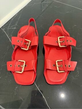 Free People Vibrant Red Leather Double-Buckle Slingback Sandals -NEVER BEEN WORN